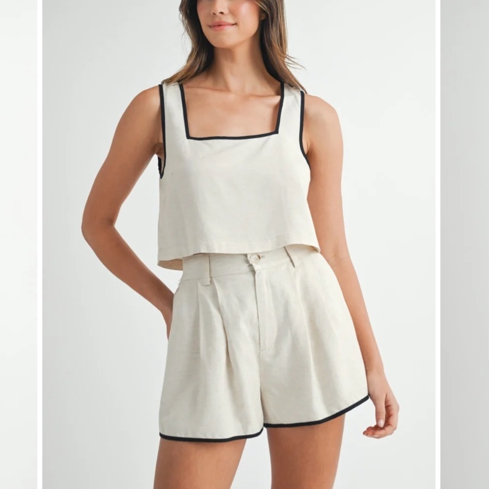 Mable Sleeveless Crop Top & High-Waist Shorts Set with Black Piping
